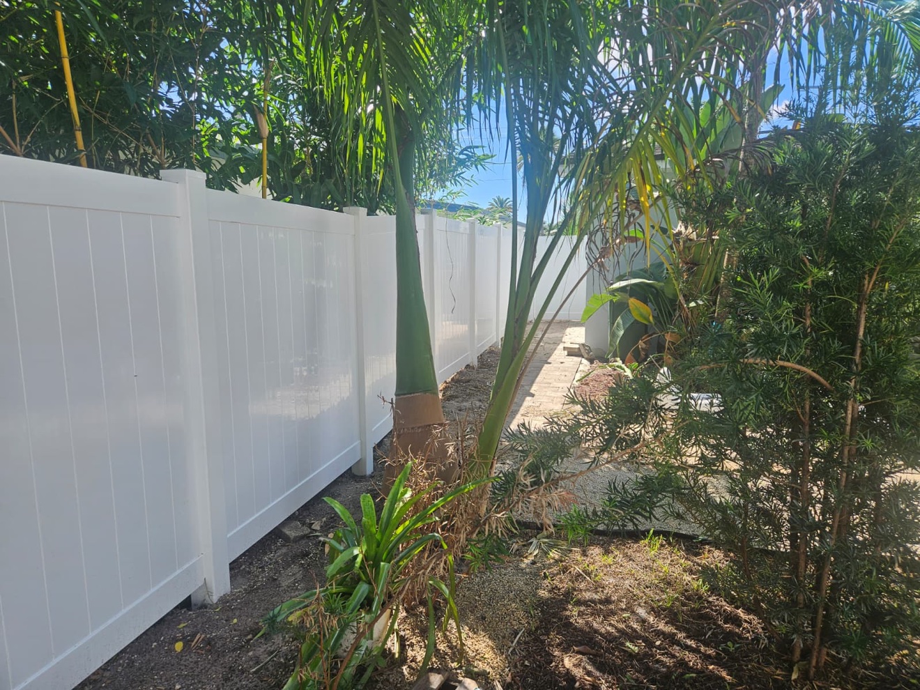 Completed white PVC privacy fence beside the landscaped yard
