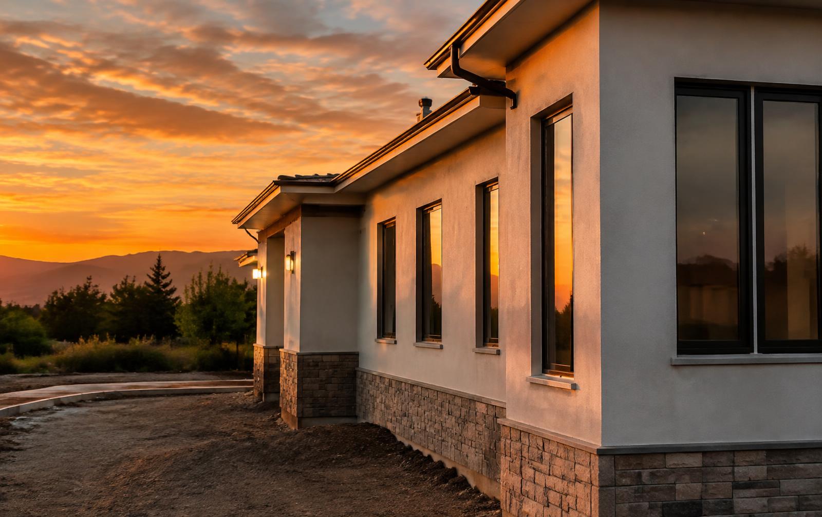 Exterior of a home in the finishing stages of construction at sunset