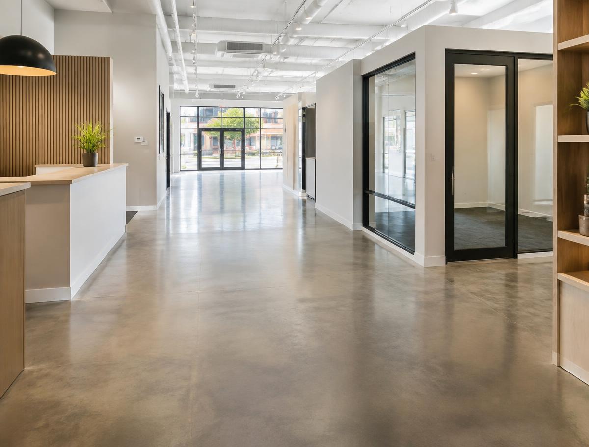 Modern commercial interior build-out with polished concrete floor
