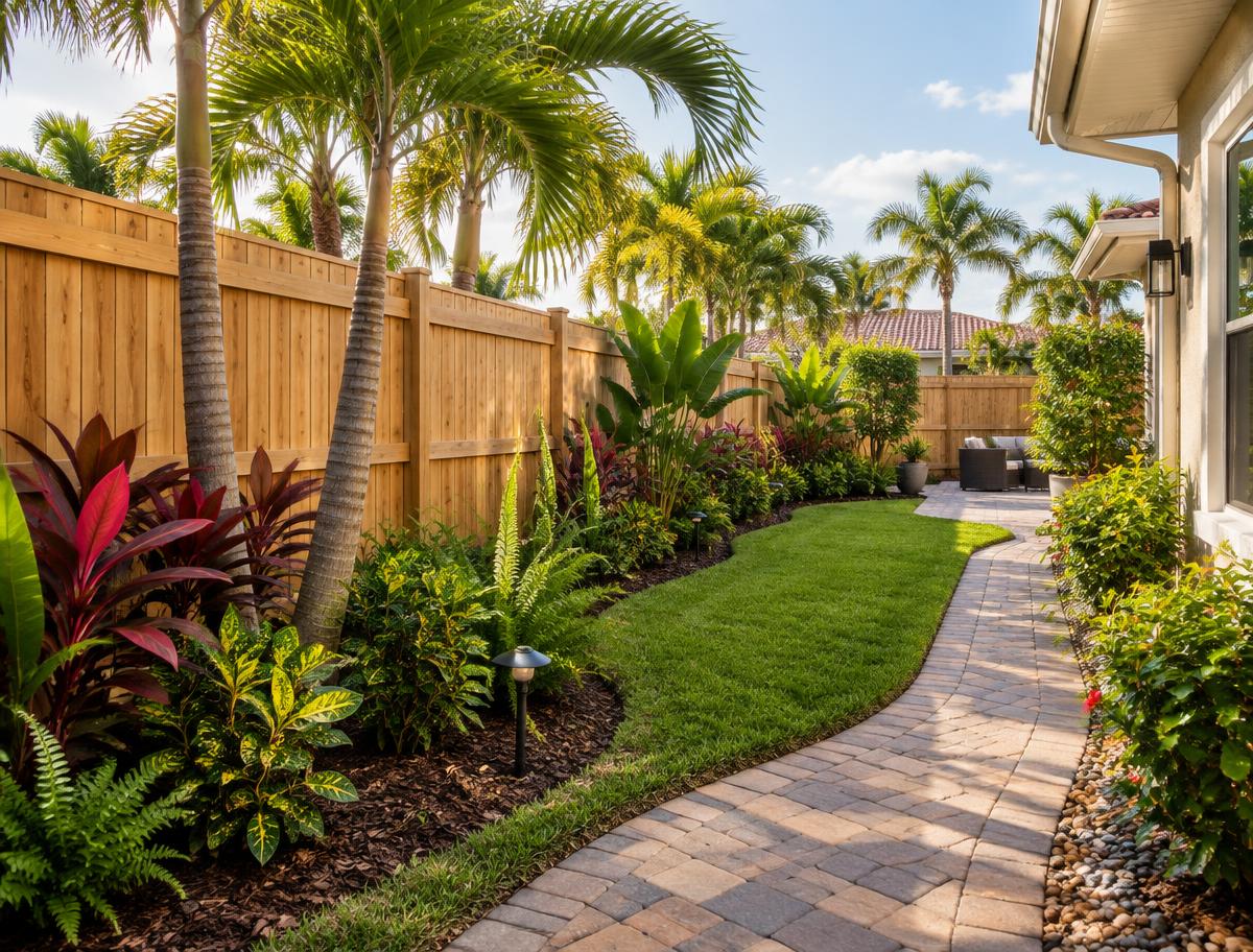 New wood privacy fence and paver walkway in a Florida backyard