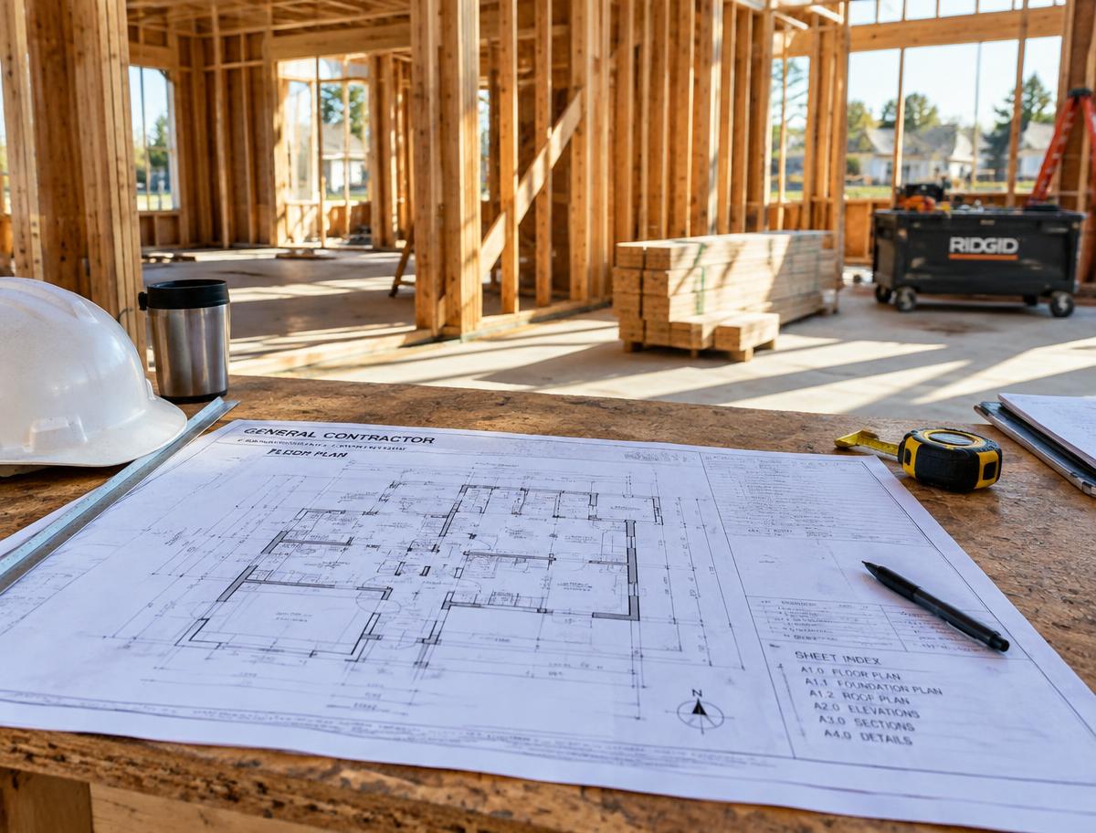 Floor plans and a hard hat on a table at a residential construction site