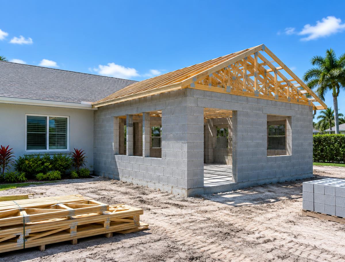 Home addition under construction with new block walls and roof trusses
